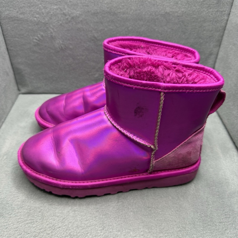 UGG Classic Mini Iridescent Pink Metallic Leather Boots Women's Size 5